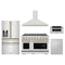 ZLINE 5-Piece Appliance Package - 48-Inch Autograph Edition Induction Range, Wall Mount Range Hood, 36-Inch French Door Refrigerator with Water Dispenser, Dishwasher, and 30-Inch Microwave Drawer in Stainless Steel with Gold Accents