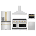 ZLINE 5-Piece Appliance Package - 48-Inch Autograph Edition Induction Range, Wall Mount Range Hood, 36-Inch French Door Refrigerator with Water Dispenser, Dishwasher, and 24-Inch Microwave Drawer in Stainless Steel with Gold Accents