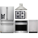 Thor Kitchen 5-Piece Pro Appliance Package - 30-Inch Gas Cooktop, Electric Wall Oven, Wall Mount Hood, Dishwasher & Refrigerator with Water Dispenser in Stainless Steel