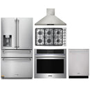Thor Kitchen 5-Piece Pro Appliance Package - 36-Inch Gas Cooktop, Electric Wall Oven, Wall Mount Hood, Dishwasher & Refrigerator with Water Dispenser in Stainless Steel