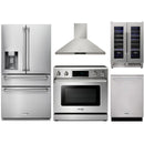 Thor Kitchen 5-Piece Appliance Package - 36-Inch Electric Range with Tilt Panel, Refrigerator with Water Dispenser, Wall Mount Hood, Dishwasher, & Wine Cooler in Stainless Steel