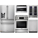 Thor Kitchen 5-Piece Appliance Package - 30-Inch Propane Gas Range, Tilt Panel, Refrigerator with Water Dispenser, Dishwasher, Microwave Drawer, & Wine Cooler in Stainless Steel