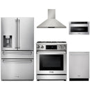 Thor Kitchen 5-Piece Appliance Package - 30-Inch Propane Gas Range, Tilt Panel, Refrigerator with Water Dispenser, Wall Mount Hood, Dishwasher, & Microwave Drawer in Stainless Steel