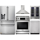 Thor Kitchen 5-Piece Appliance Package - 30-Inch Propane Gas Range, Tilt Panel, Refrigerator with Water Dispenser, Wall Mount Hood, Dishwasher, & Wine Cooler in Stainless Steel