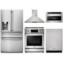 Thor Kitchen 5-Piece Appliance Package - 30-Inch Propane Gas Range, Tilt Panel, Refrigerator with Water Dispenser, Wall Mount Hood, Dishwasher, & Microwave Drawer in Stainless Steel