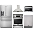 Thor Kitchen 5-Piece Appliance Package - 30-Inch Gas Range with Tilt Panel, Refrigerator with Water Dispenser, Wall Mount Hood, Dishwasher, & Microwave Drawer in Stainless Steel