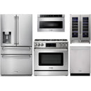 Thor Kitchen 5-Piece Appliance Package - 36-Inch Gas Range with Tilt Panel, Refrigerator with Water Dispenser, Dishwasher, Microwave Drawer, & Wine Cooler in Stainless Steel