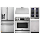 Thor Kitchen 5-Piece Appliance Package - 36-Inch Propane Gas Range, Tilt Panel, Refrigerator with Water Dispenser, Under Cabinet Hood, Dishwasher, & Wine Cooler in Stainless Steel