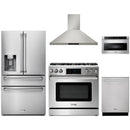 Thor Kitchen 5-Piece Appliance Package - 36-Inch Propane Gas Range, Tilt Panel, Refrigerator with Water Dispenser, Wall Mount Hood, Dishwasher, & Microwave Drawer in Stainless Steel