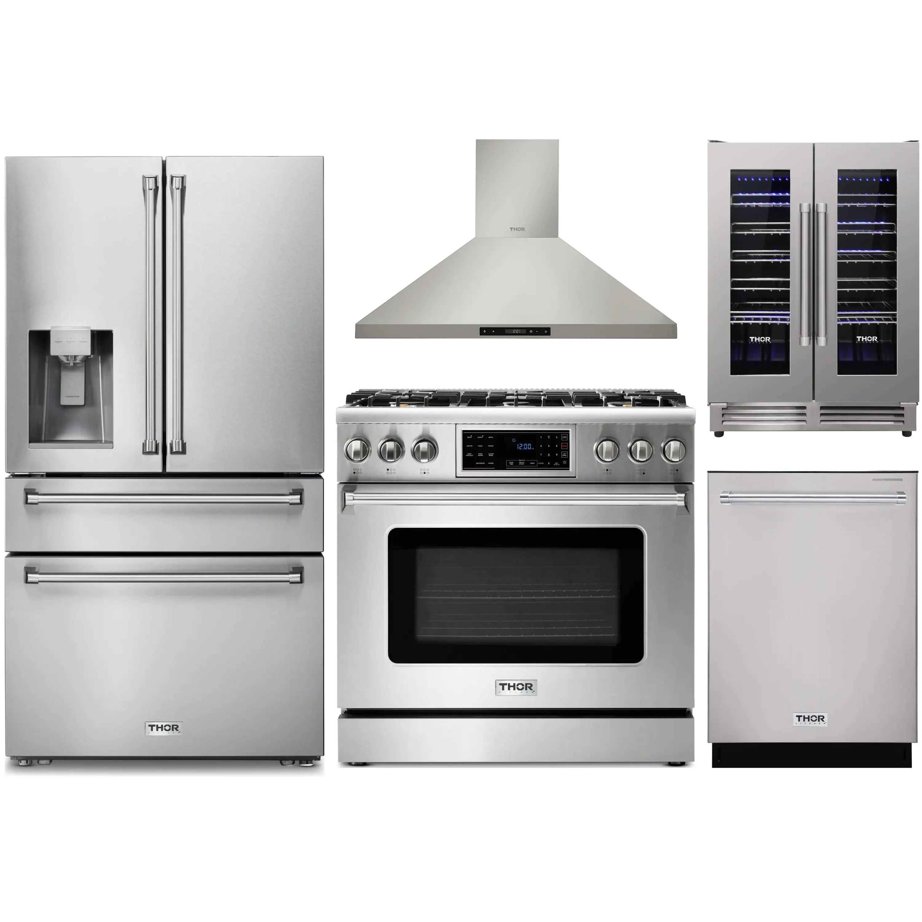 Thor 5-piece appliance package with refrigerator, hood, gas range, dishwasher, and wine cooler