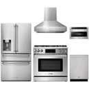 Thor Kitchen 5-Piece Appliance Package - 36-Inch Propane Gas Range, Tilt Panel, Refrigerator with Water Dispenser, Pro-Style Wall Mount Hood, Dishwasher, & Microwave Drawer in Stainless Steel