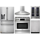 Thor Kitchen 5-Piece Appliance Package - 36-Inch Propane Gas Range, Tilt Panel, Refrigerator with Water Dispenser, Pro-Style Wall Mount Hood, Dishwasher, & Wine Cooler in Stainless Steel