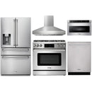 Thor Kitchen 5-Piece Appliance Package - 36-Inch Gas Range with Tilt Panel, Refrigerator with Water Dispenser, Pro-Style Wall Mount Hood, Dishwasher, & Microwave Drawer in Stainless Steel