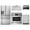 Thor Kitchen 5-Piece Appliance Package - 36-Inch Propane Gas Range, Tilt Panel, Refrigerator with Water Dispenser, Under Cabinet Hood, Dishwasher, & Microwave Drawer in Stainless Steel