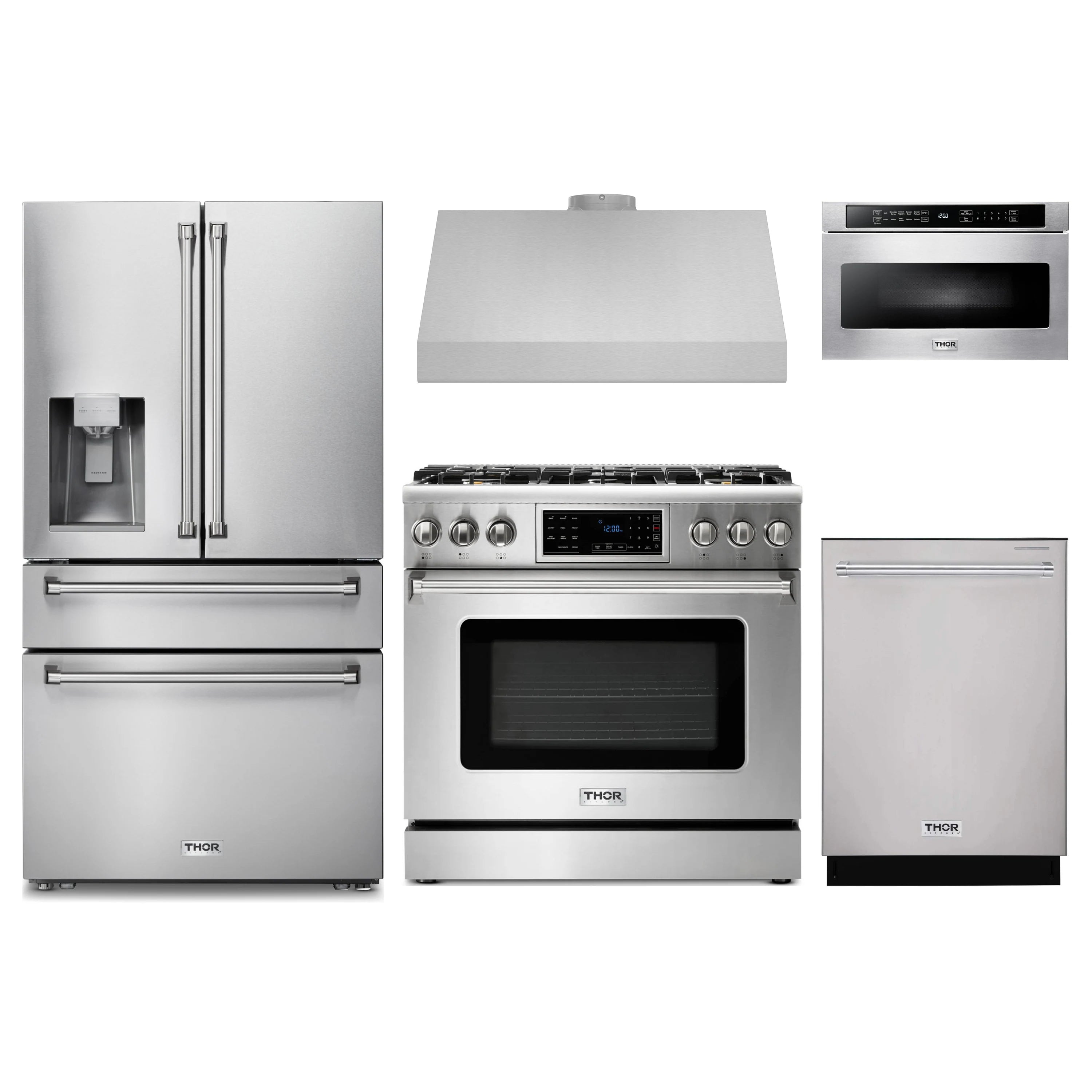 Stainless steel 5-piece appliance package with gas range, refrigerator, hood, dishwasher
