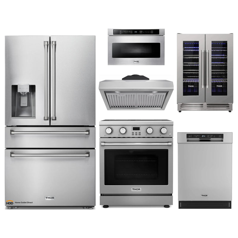 Thor Kitchen A-Series 6-Piece Appliance Package - 30-Inch Electric Range, Under Cabinet Range Hood, Refrigerator with Water Dispenser, Dishwasher, Microwave, and Wine Cooler in Stainless Steel