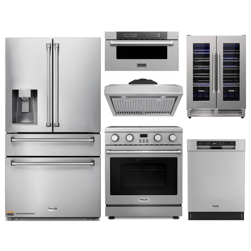 Thor Kitchen A-Series 6-Piece Appliance Package - 30-Inch Electric Range, Under Cabinet Range Hood, Refrigerator with Water Dispenser, Dishwasher, Microwave Drawer and Wine Cooler in Stainless Steel