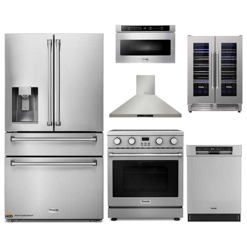 Thor Kitchen A-Series 6-Piece Appliance Package - 30-Inch Electric Range, Wall Mount Range Hood, Refrigerator with Water Dispenser, Dishwasher, Microwave, and Wine Cooler in Stainless Steel