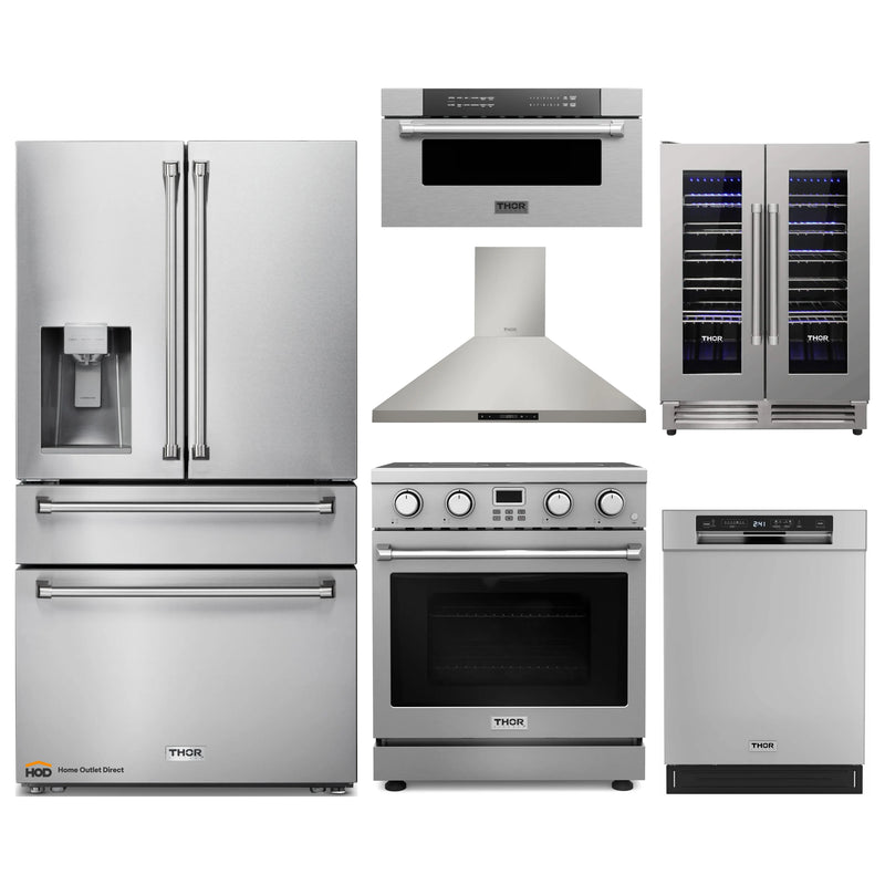 Thor Kitchen A-Series 6-Piece Appliance Package - 30-Inch Electric Range, Wall Mount Range Hood, Refrigerator with Water Dispenser, Dishwasher, Microwave Drawer and Wine Cooler in Stainless Steel