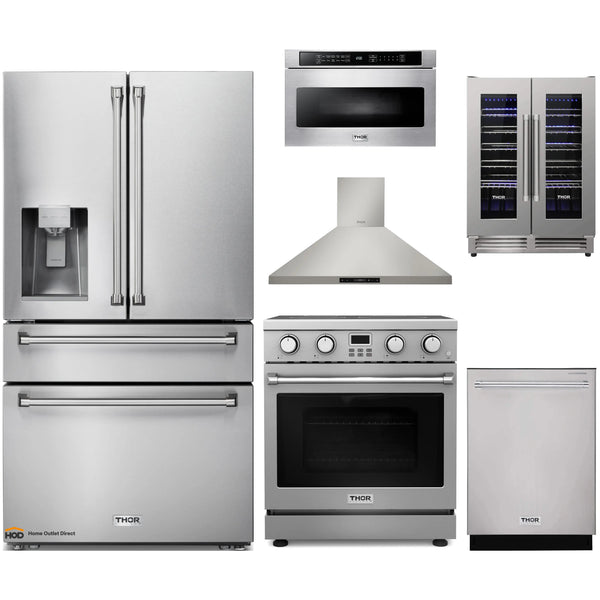 Thor Kitchen A-Series 6-Piece Appliance Package - 30-Inch Electric Range, Wall Mount Range Hood, Refrigerator with Water Dispenser, Dishwasher, Microwave, and Wine Cooler in Stainless Steel