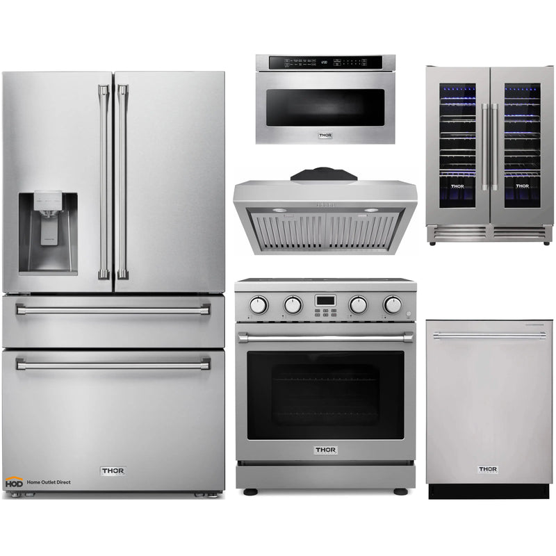 Thor Kitchen A-Series 6-Piece Appliance Package - 30-Inch Electric Range, Under Cabinet Range Hood, Refrigerator with Water Dispenser, Dishwasher, Microwave, and Wine Cooler in Stainless Steel