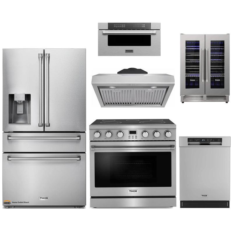 Thor Kitchen A-Series 6-Piece Appliance Package - 36-Inch Electric Range, Under Cabinet Range Hood, Refrigerator with Water Dispenser, Dishwasher, Microwave Drawer and Wine Cooler in Stainless Steel