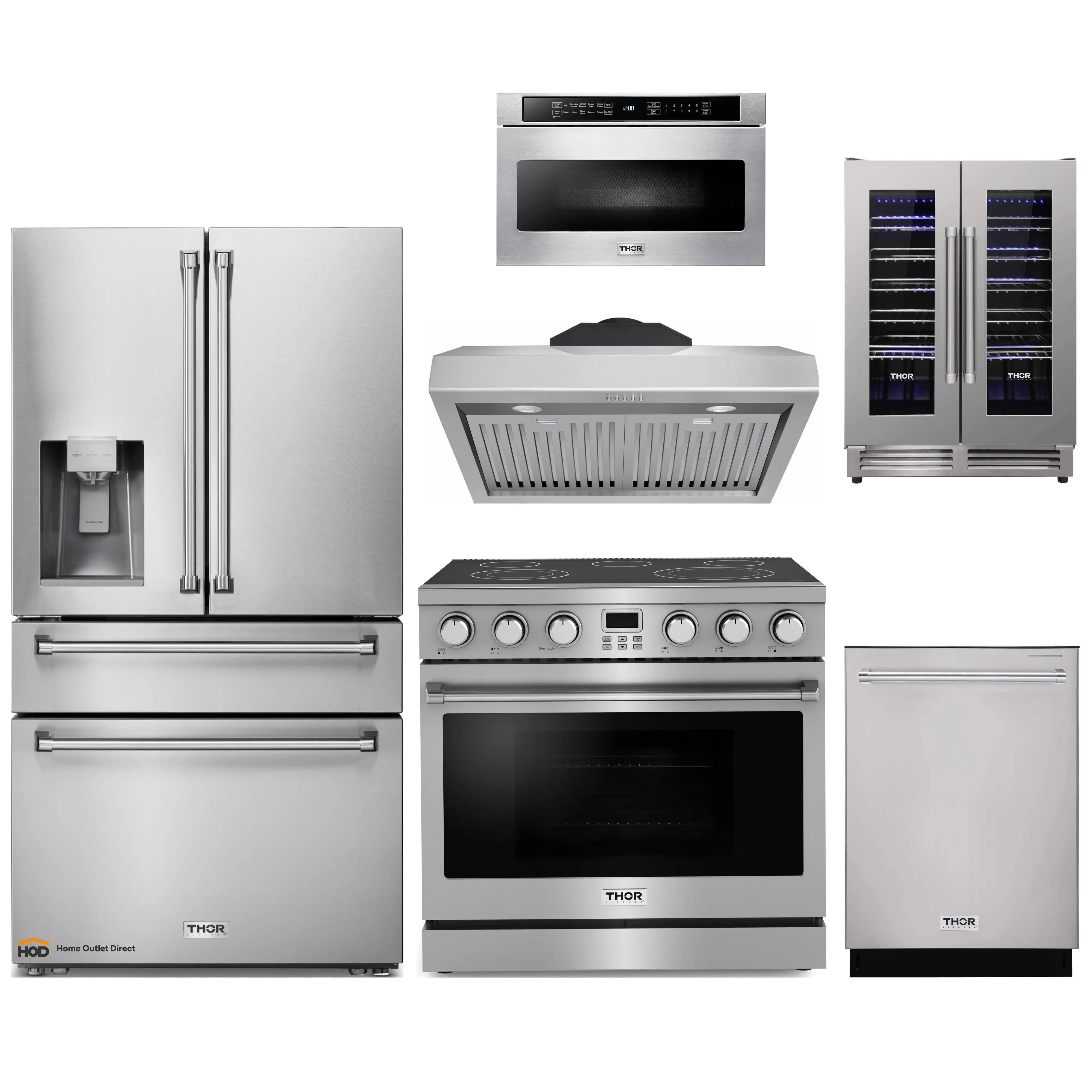 Thor Kitchen A-Series 6-Piece Appliance Package - 36-Inch Electric Range, Under Cabinet Range Hood, Refrigerator with Water Dispenser, Dishwasher, Microwave, and Wine Cooler in Stainless Steel