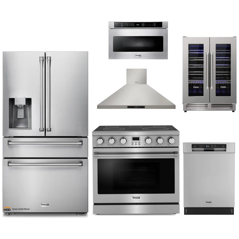 Thor Kitchen A-Series 6-Piece Appliance Package - 36-Inch Electric Range, Wall Mount Range Hood, Refrigerator with Water Dispenser, Dishwasher, Microwave, and Wine Cooler in Stainless Steel