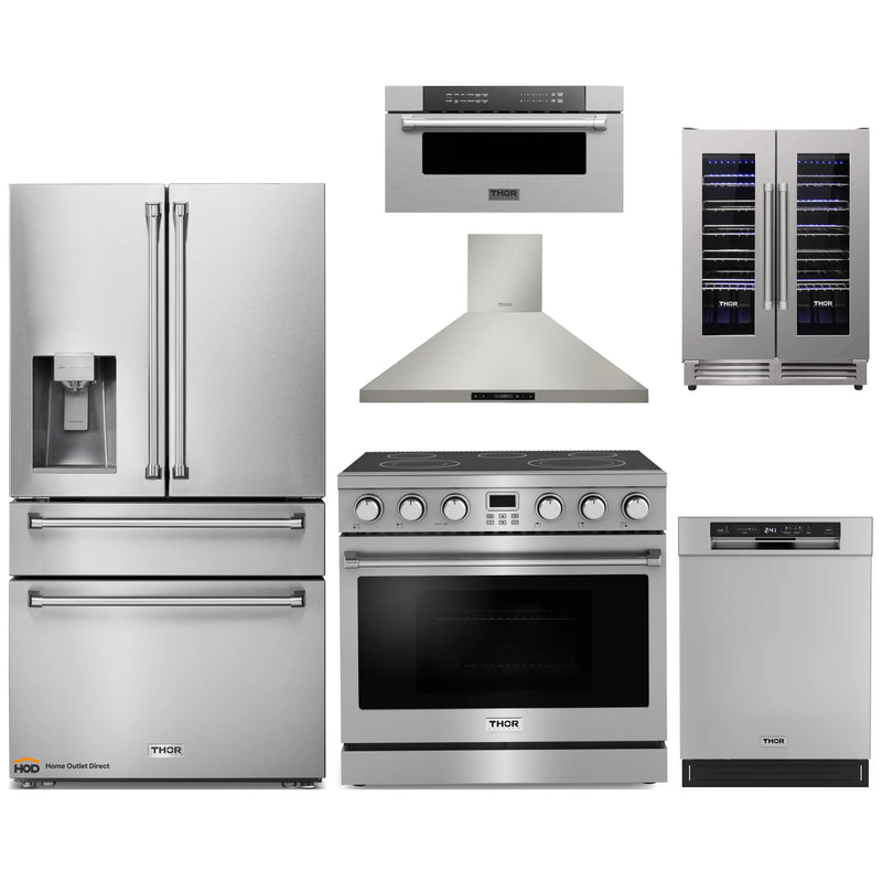 Thor Kitchen A-Series 6-Piece Appliance Package - 36-Inch Electric Range, Wall Mount Range Hood, Refrigerator with Water Dispenser, Dishwasher, Microwave Drawer and Wine Cooler in Stainless Steel