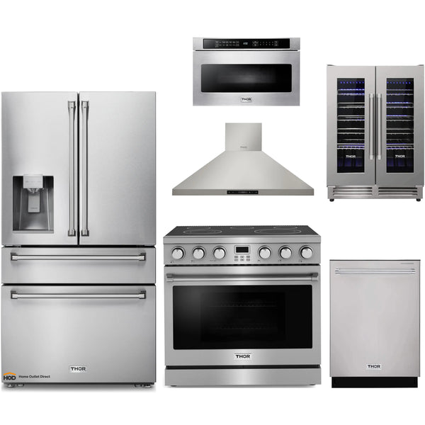 Thor Kitchen A-Series 6-Piece Appliance Package - 36-Inch Electric Range, Wall Mount Range Hood, Refrigerator with Water Dispenser, Dishwasher, Microwave, and Wine Cooler in Stainless Steel