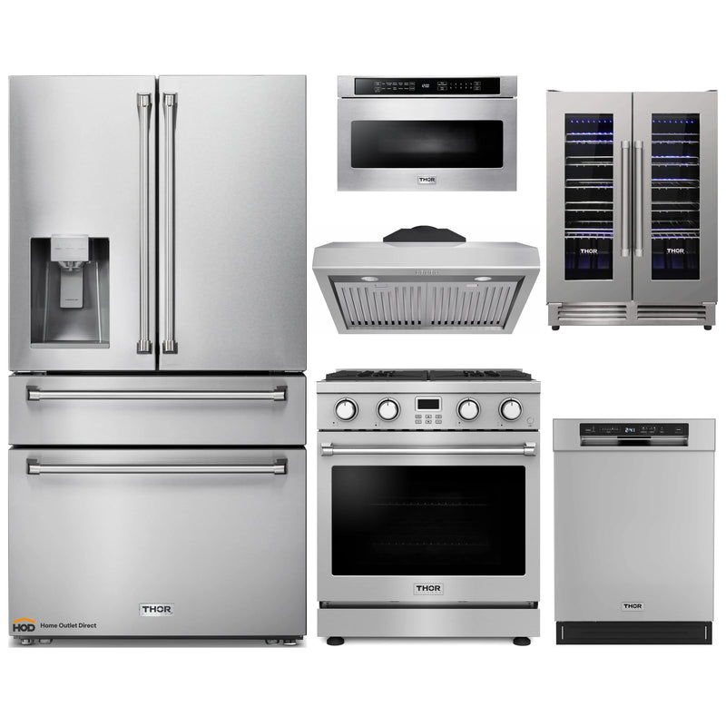 Thor Kitchen A-Series 6-Piece Appliance Package - 30-Inch Gas Range, Under Cabinet Range Hood, Refrigerator with Water Dispenser, Dishwasher, Microwave, and Wine Cooler in Stainless Steel