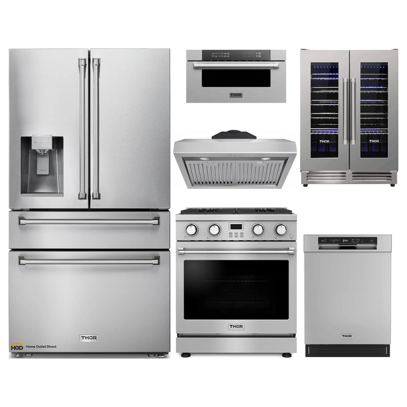 Thor Kitchen A-Series 6-Piece Appliance Package - 30-Inch Gas Range, Under Cabinet Range Hood, Refrigerator with Water Dispenser, Dishwasher, Microwave Drawer and Wine Cooler in Stainless Steel,