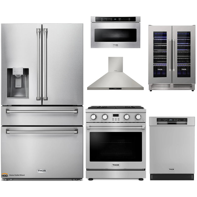 Thor Kitchen A-Series 6-Piece Appliance Package - 30-Inch Gas Range, Wall Mount Range Hood, Refrigerator with Water Dispenser, Dishwasher, Microwave, and Wine Cooler in Stainless Steel