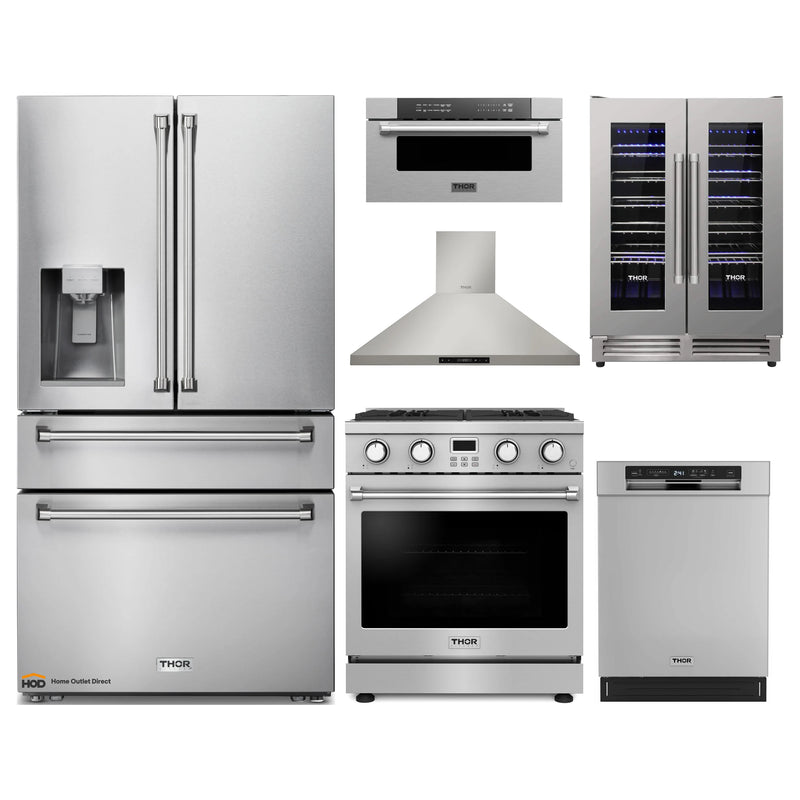 Thor Kitchen A-Series 6-Piece Appliance Package - 30-Inch Gas Range, Wall Mount Range Hood, Refrigerator with Water Dispenser, Dishwasher, Microwave Drawer and Wine Cooler in Stainless Steel