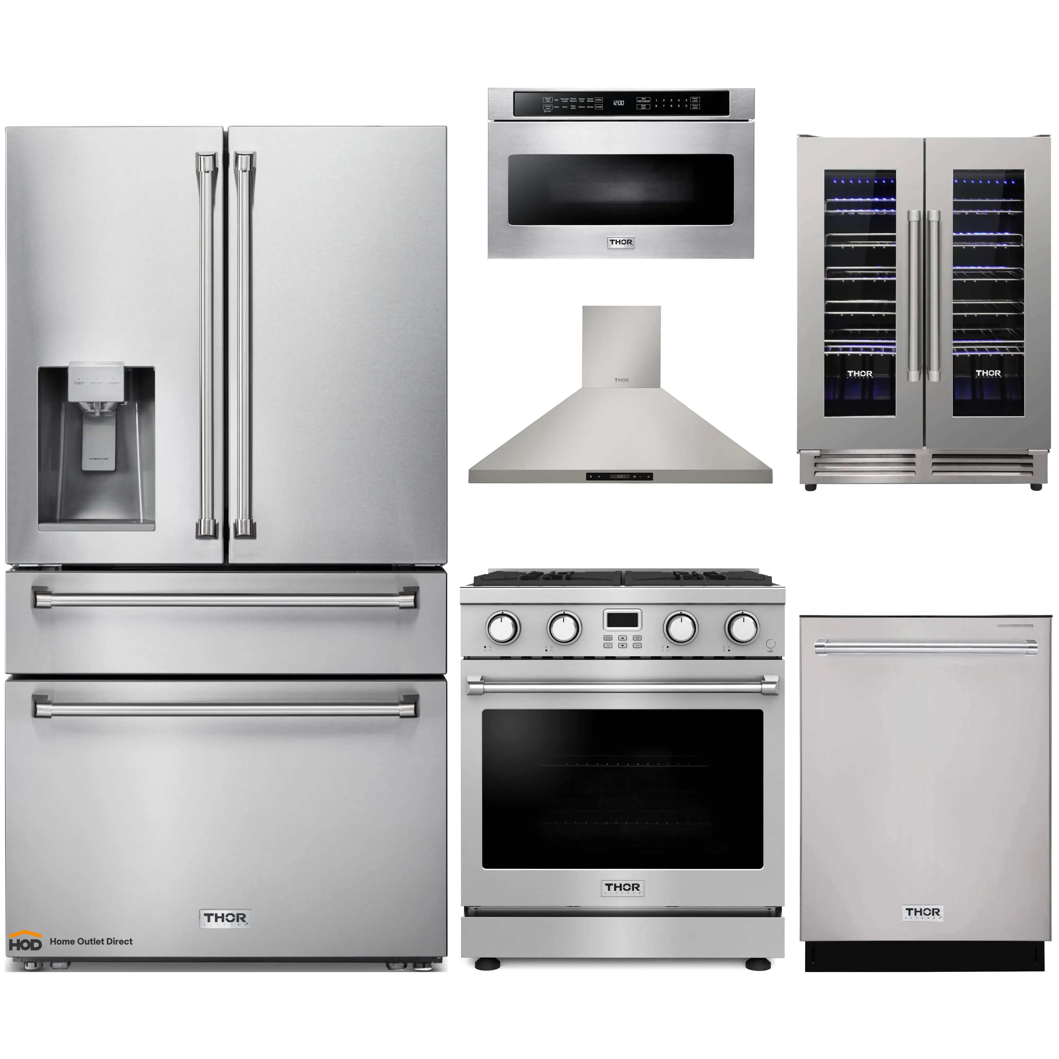 Thor Kitchen A-Series 6-Piece Appliance Package - 30-Inch Gas Range, Wall Mount Range Hood, Refrigerator with Water Dispenser, Dishwasher, Microwave, and Wine Cooler in Stainless Steel