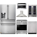 Thor Kitchen A-Series 6-Piece Appliance Package - 30-Inch Propane Gas Range, Wall Mount Range Hood, Refrigerator with Water Dispenser, Dishwasher, Microwave, and Wine Cooler in Stainless Steel
