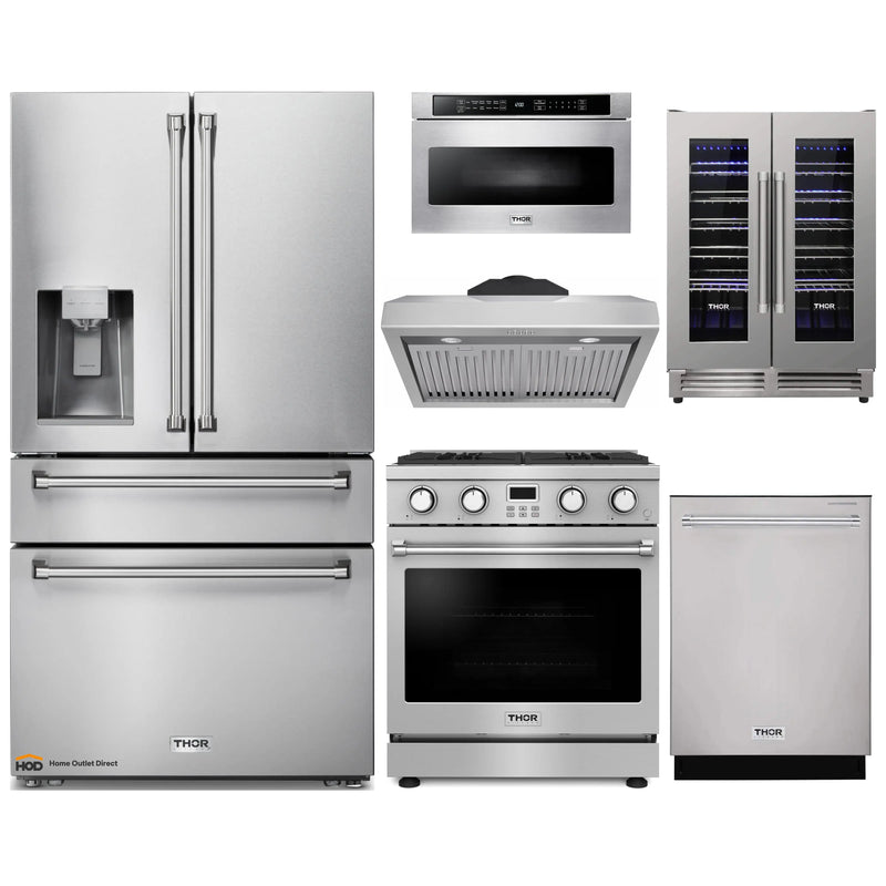 Thor Kitchen A-Series 6-Piece Appliance Package - 30-Inch Gas Range, Under Cabinet Range Hood, Refrigerator with Water Dispenser, Dishwasher, Microwave, and Wine Cooler in Stainless Steel