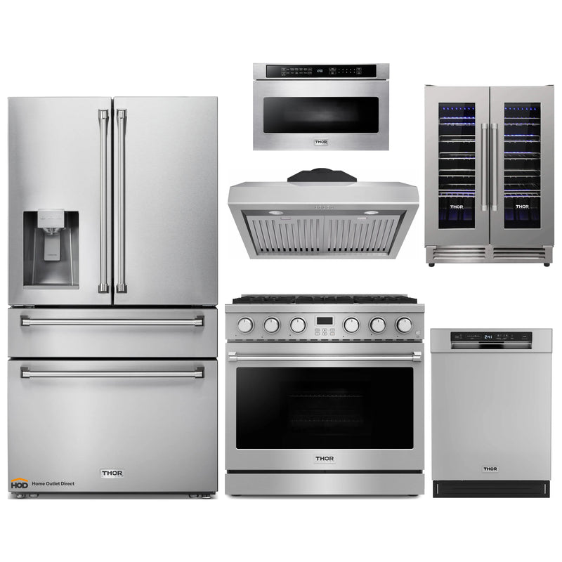 Thor Kitchen A-Series 6-Piece Appliance Package - 36-Inch Gas Range, Under Cabinet Range Hood, Refrigerator with Water Dispenser, Dishwasher, Microwave, and Wine Cooler in Stainless Steel