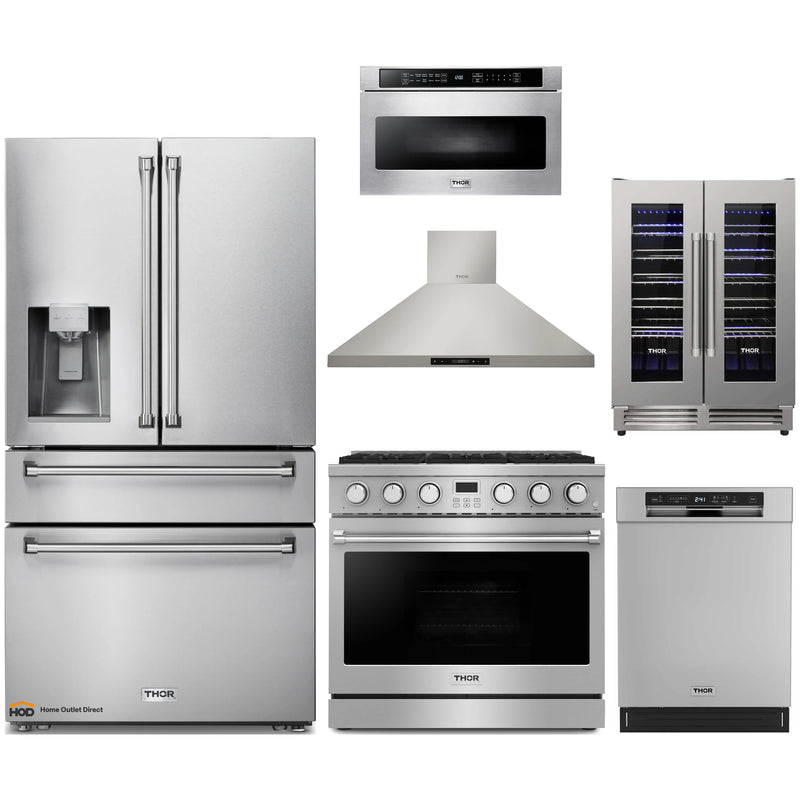 Thor Kitchen A-Series 6-Piece Appliance Package - 36-Inch Gas Range, Wall Mount Range Hood, Refrigerator with Water Dispenser, Dishwasher, Microwave, and Wine Cooler in Stainless Steel