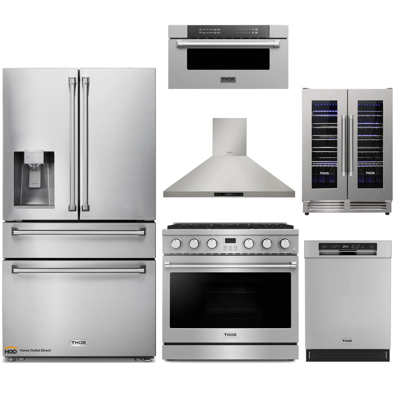 Thor Kitchen A-Series 6-Piece Appliance Package - 36-Inch Gas Range, Wall Mount Range Hood, Refrigerator with Water Dispenser, Dishwasher, Microwave Drawer and Wine Cooler in Stainless Steel