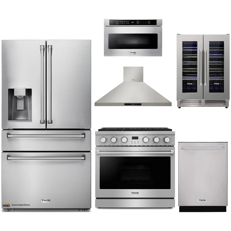 Thor Kitchen A-Series 6-Piece Appliance Package - 36-Inch Gas Range, Wall Mount Range Hood, Refrigerator with Water Dispenser, Dishwasher, Microwave, and Wine Cooler in Stainless Steel