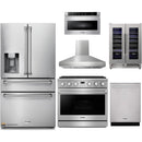 Thor Kitchen A-Series 6-Piece Appliance Package - 36-Inch Propane Gas Range, Pro-Style Wall Mount Range Hood, Refrigerator with Water Dispenser, Dishwasher, Microwave, and Wine Cooler in Stainless Steel