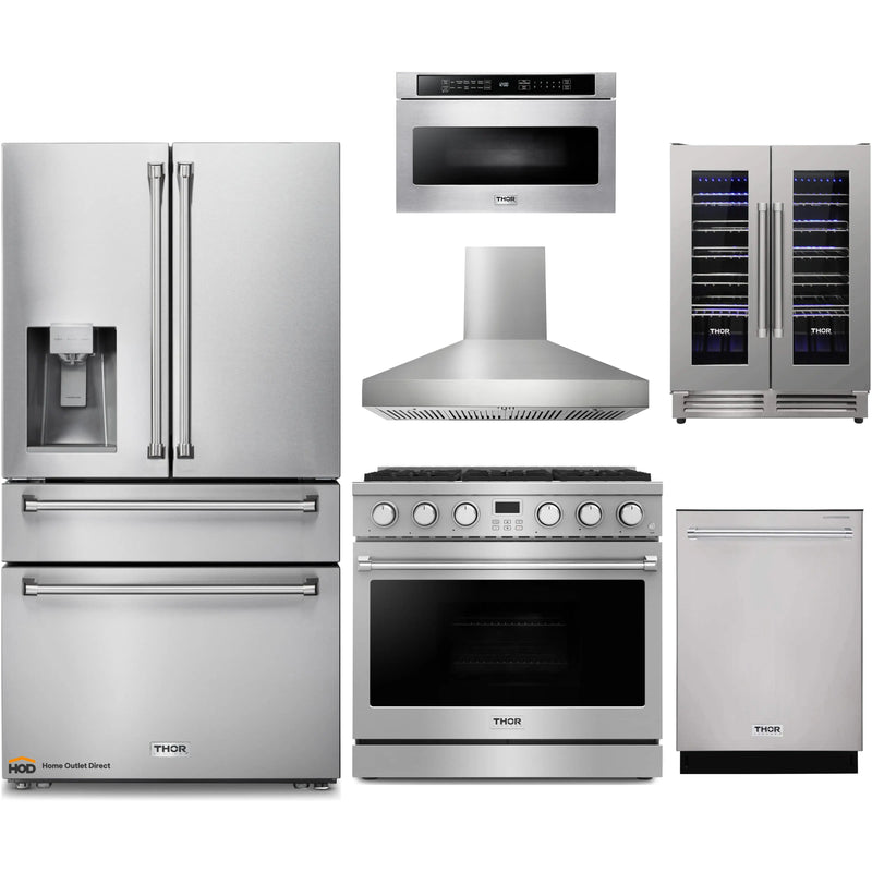 Thor Kitchen A-Series 6-Piece Appliance Package - 36-Inch Gas Range, Pro-Style Wall Mount Range Hood, Refrigerator with Water Dispenser, Dishwasher, Microwave, and Wine Cooler in Stainless Steel