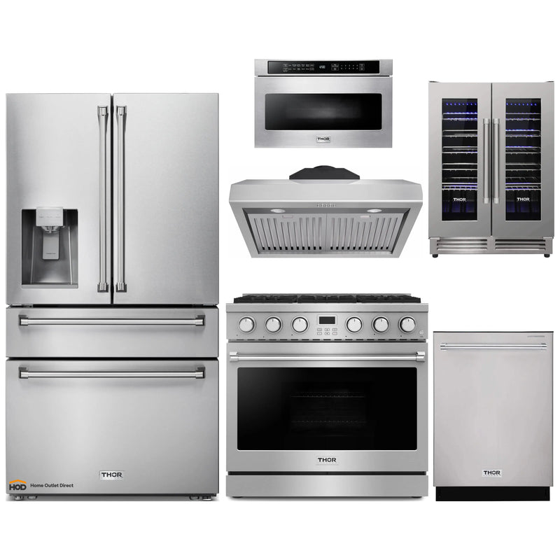 Thor Kitchen A-Series 6-Piece Appliance Package - 36-Inch Gas Range, Under Cabinet Range Hood, Refrigerator with Water Dispenser, Dishwasher, Microwave, and Wine Cooler in Stainless Steel