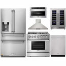 Thor Kitchen 6-Piece Pro Appliance Package - 36-Inch Dual Fuel Range with Propane Gas Cooktop , Refrigerator with Water Dispenser, Wall Mount Hood, Dishwasher, Microwave Drawer, & Wine Cooler in Stainless Steel