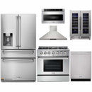 Thor Kitchen 6-Piece Pro Appliance Package - 36-Inch Propane Gas Range, Refrigerator with Water Dispenser, Wall Mount Hood, Dishwasher, Microwave Drawer, & Wine Cooler in Stainless Steel