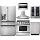 Thor Kitchen 6-Piece Pro Appliance Package - 36-Inch Gas Range, Refrigerator with Water Dispenser, Pro-Style Wall Mount Hood, Dishwasher, Microwave Drawer, & Wine Cooler in Stainless Steel
