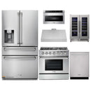 Thor Kitchen 6-Piece Pro Appliance Package - 36-Inch Propane Gas Range, Refrigerator with Water Dispenser, Under Cabinet Hood, Dishwasher, Microwave Drawer, & Wine Cooler in Stainless Steel