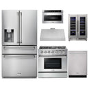 Thor Kitchen 6-Piece Pro Appliance Package - 36-Inch Gas Range, Refrigerator with Water Dispenser, Under Cabinet Hood, Dishwasher, Microwave Drawer, & Wine Cooler in Stainless Steel
