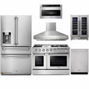 Thor Kitchen 6-Piece Pro Appliance Package - 48-Inch Propane Gas Range, Refrigerator with Water Dispenser, Dishwasher, Pro Wall Mount Hood, Microwave Drawer, & Wine Cooler in Stainless Steel